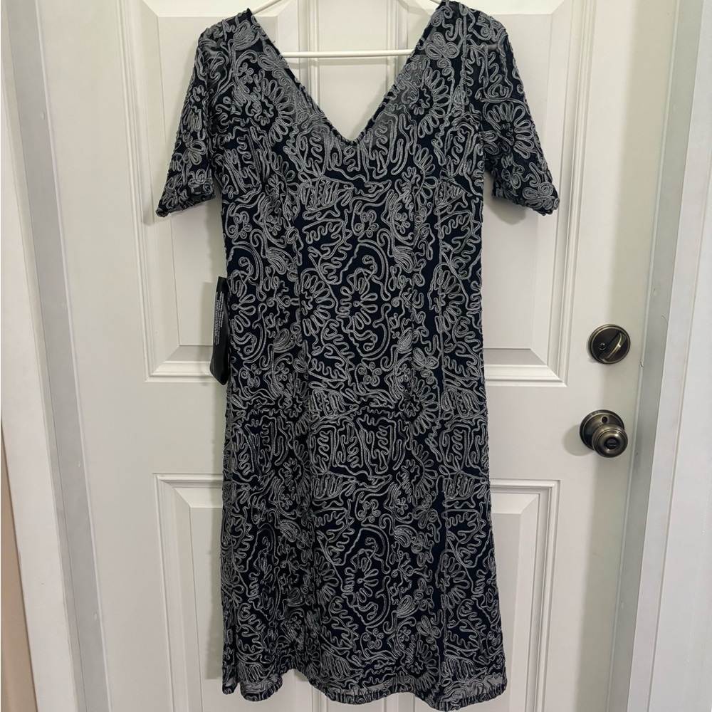 JS Collections Silver and Blue Sheath Midi Dress V-Neck